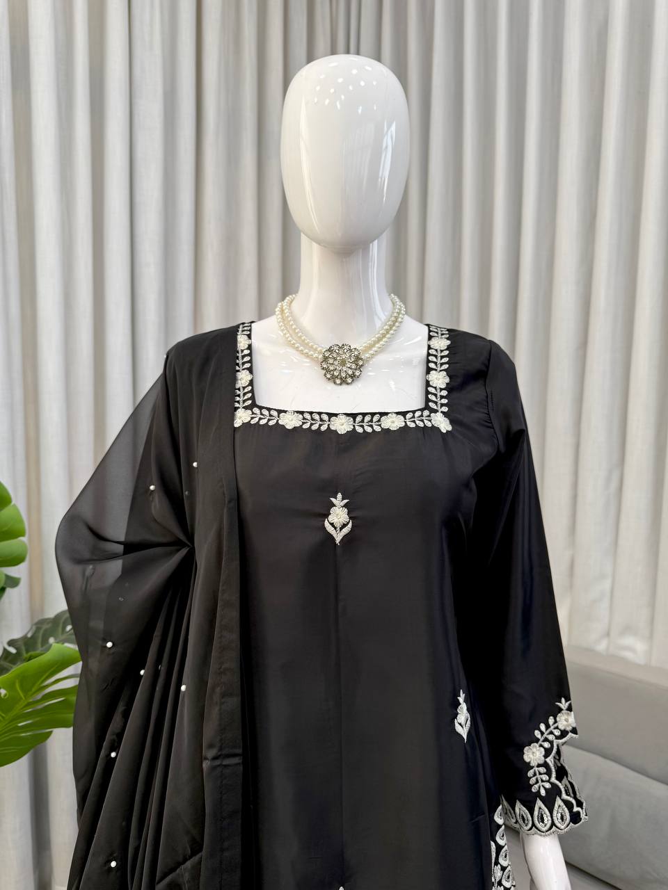 Black Heavy Natural Crepe Thread and Sequence Work Palazzo Set with Tibby Silk Moti Dupatta