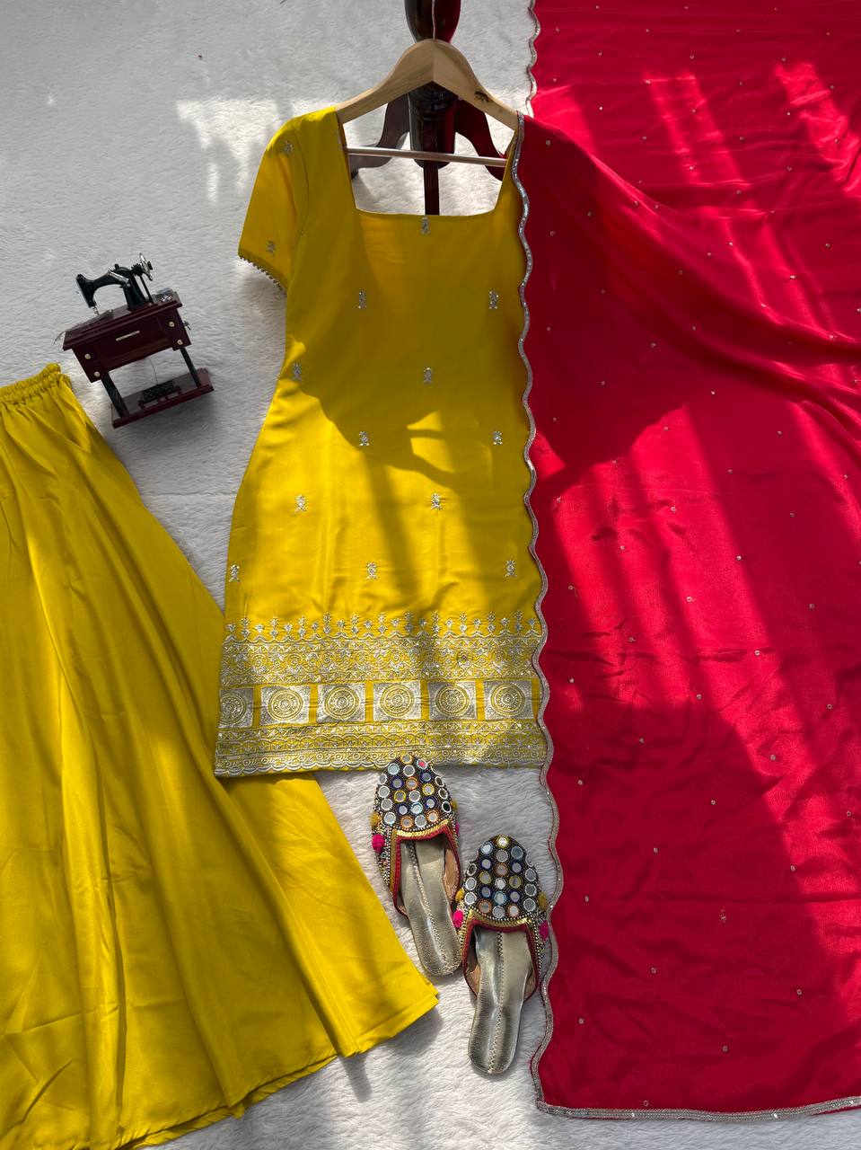 Saffron Yellow Natural Crepe Silk Thread and Sequence Work Sharara Set with Chinon Silk Dupatta