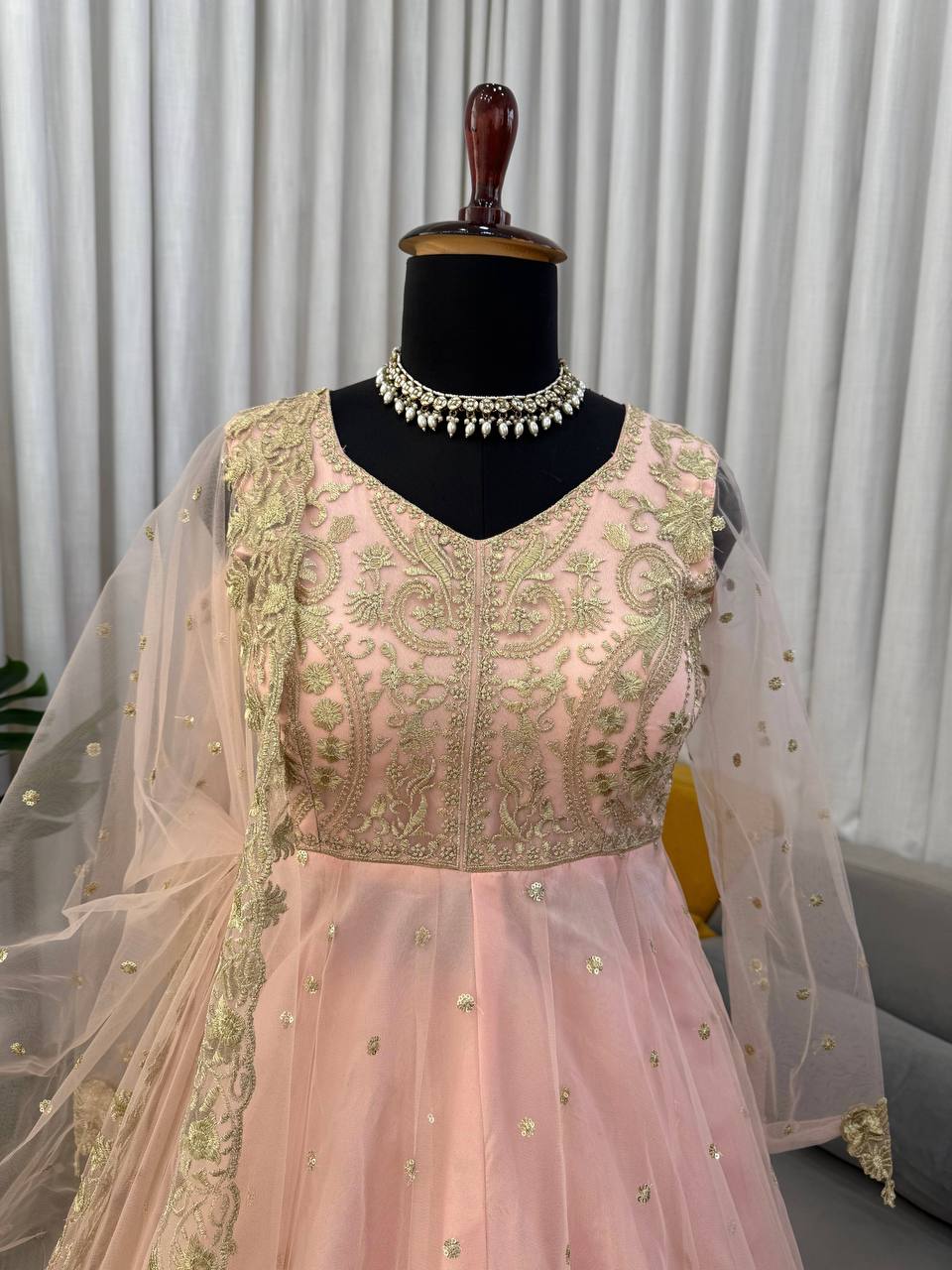 Shehzadi Pink Faux Georgette Thread and Sequence Work Gown with Lehenga and Butterfly Net Dupatta