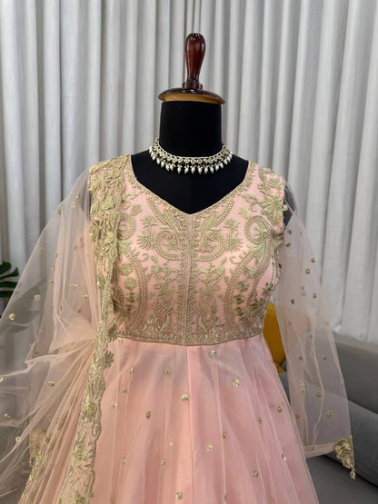 Shehzadi Pink Faux Georgette Thread and Sequence Work Gown with Lehenga and Butterfly Net Dupatta