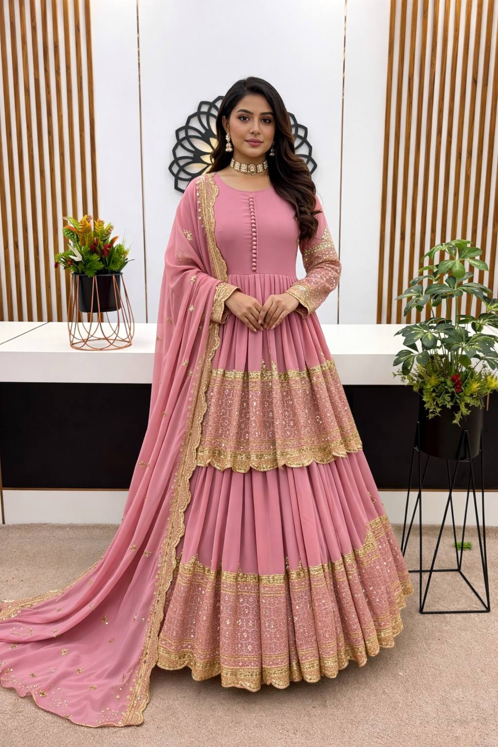 Light Pink Faux Georgette Heavy Embroidery Sequence Work Top with Semi-Stitched Lehenga and Dupatta