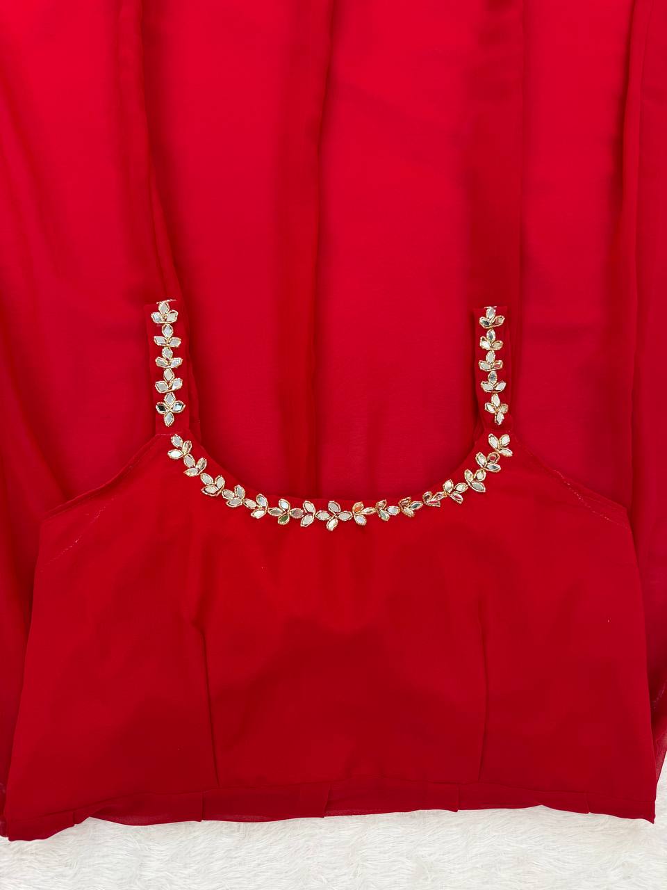 Red Faux Georgette Handwork Real Mirror Top with Palazzo and Dupatta Set