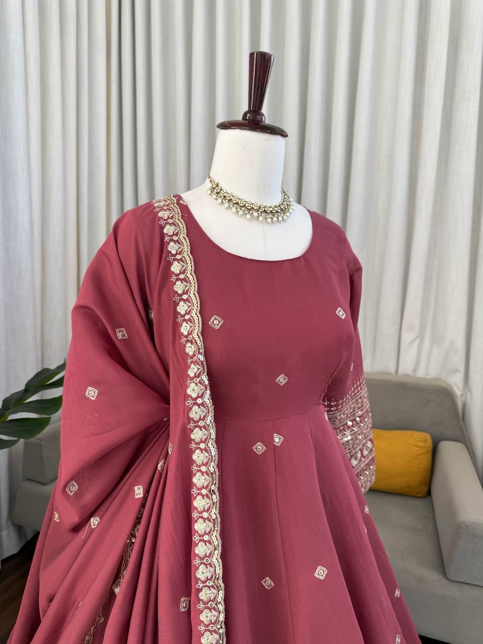 Rose Gold Designer Gown with Pant Set