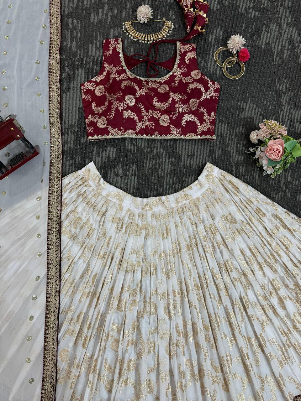 Ivory And Maroon Combination Lehenga Choli Set