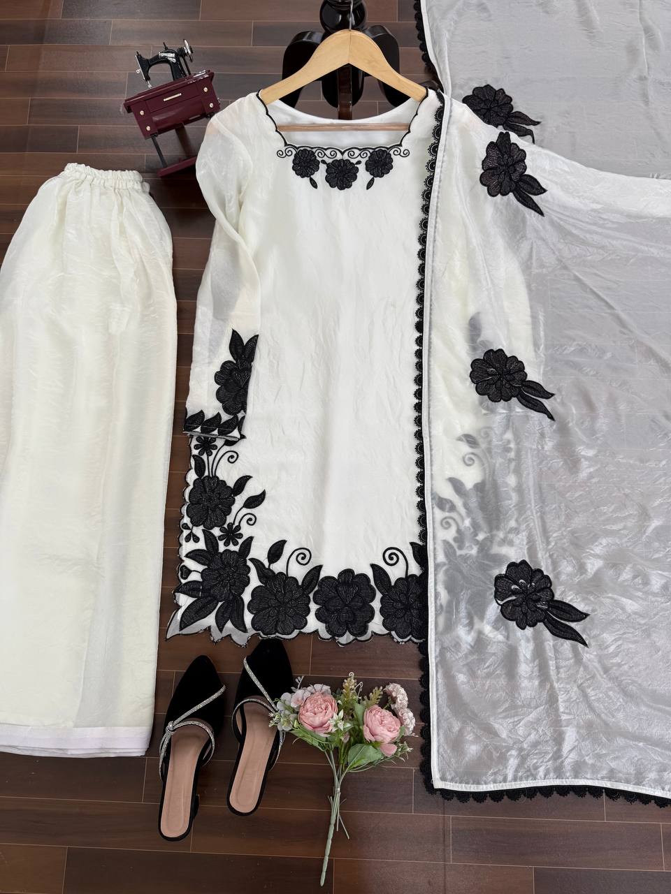 White With Black Embroidered Work Suit Set
