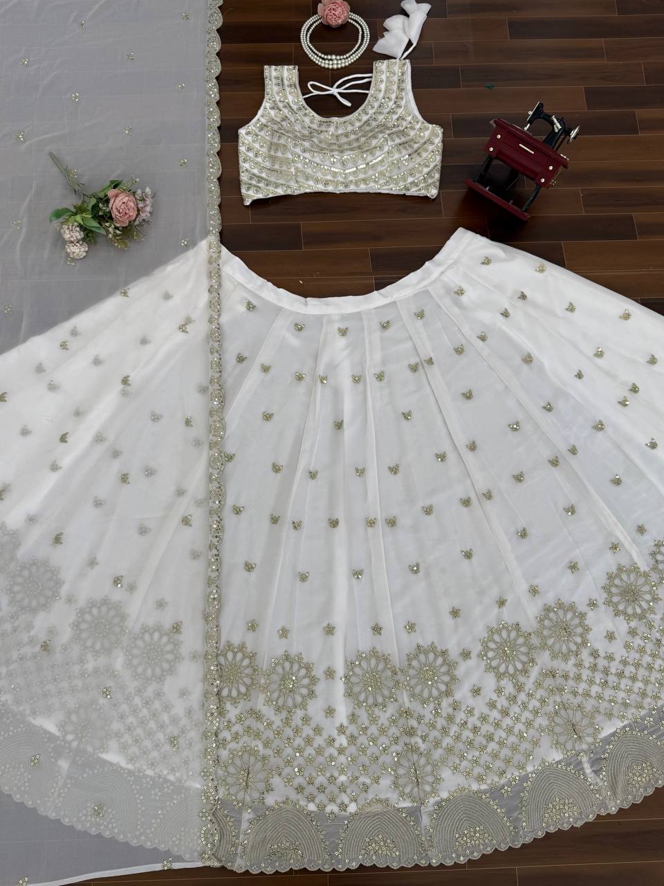 White With Golden Embellished Lehenga Choli Set