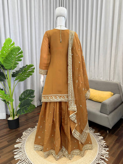 Gold Mustard Color Embroidered Kurta Sharara Set