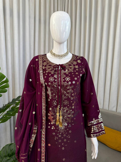 Deep Wine Embroidered Festive Suit Set