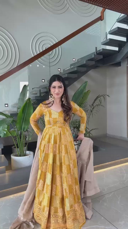 Beige tabby organza mukaish work top palazzo and dupatta