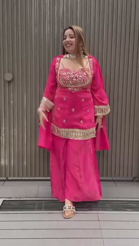 Premium Plazzo 4 Piece Set Women Real Mirror Embroidery Festive Wear