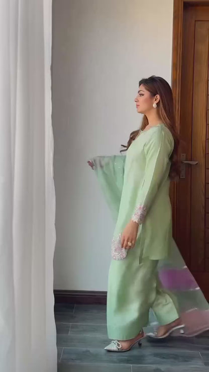 DESIGNER HEAVY NATURAL CREAP EMBROIDERED SEQUENCE WORK WITH FANCY TOP-PENT DUPATTA SET