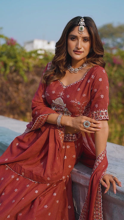 Red chocolate crush embroidery work lehenga choli