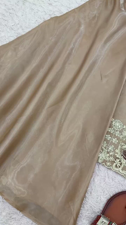 Beige pure silky silk with embroidery sequence work top bottom and dupatta set