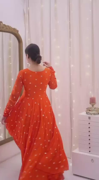 Orange faux georgette thread & sequence work anarkali kothi pent and dupatta set