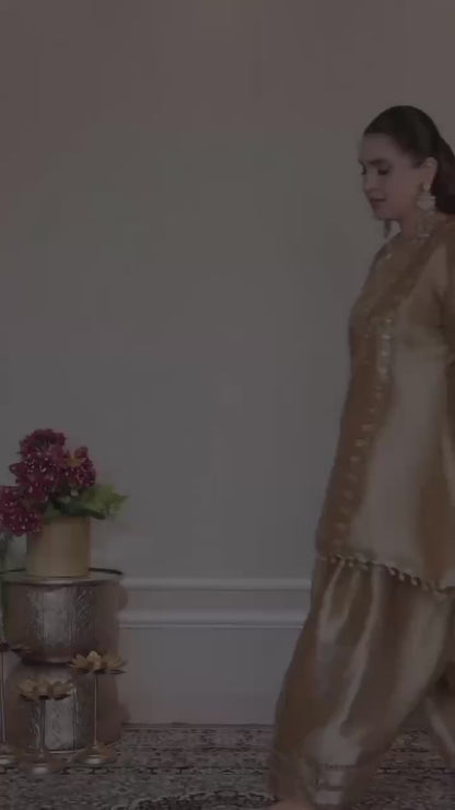 Beige fendy sequence embroidery work top-shalwar and dupatta set