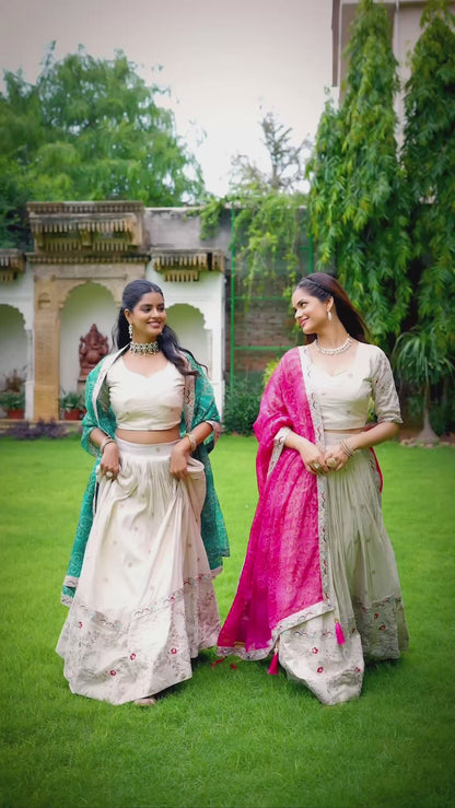 Heavy Embroidered Ivory Tissue Silk Lehenga with Pink Dupatta