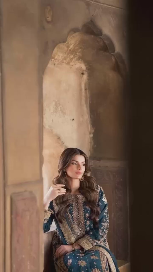 Blue Suit Set With Heavy Embroidery Sequence Work with Rivet Moti Work