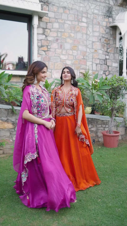 Rust Orange Silk Thread Work Lehenga Set