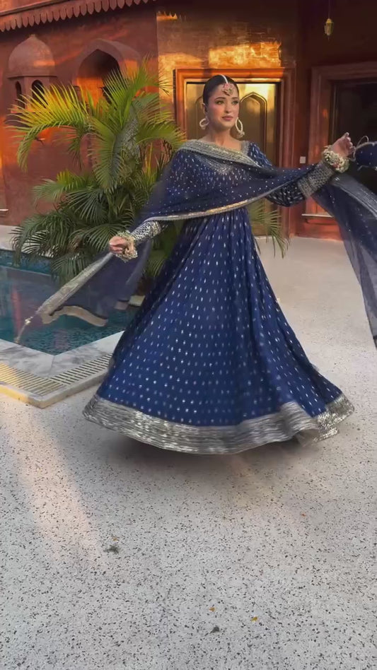 Royal Blue Heavy Designer Party Wear Gown Dupatta& Bottom Set