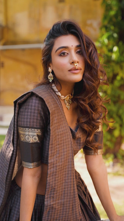 Brown chettinad cotton check with zari weaving work lehenga choli set