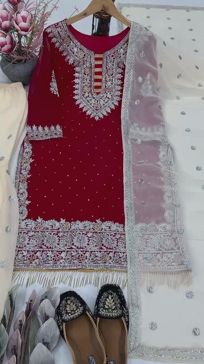 Red heavy fuax georgette sequence work with fancy lace sharara suit set