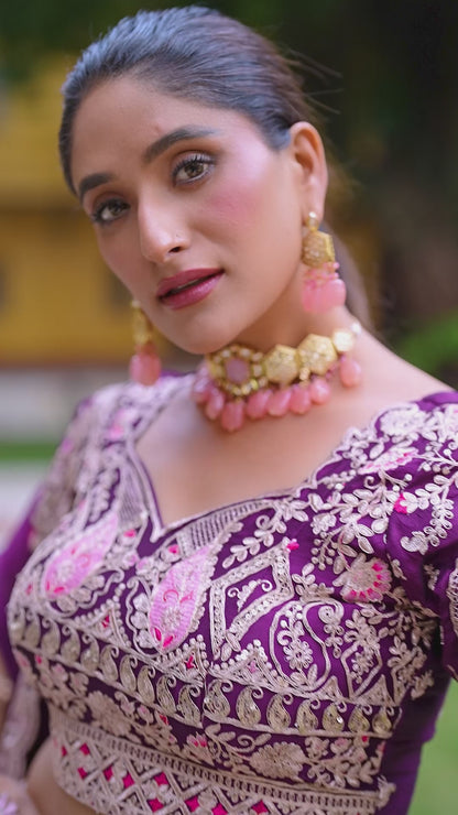 Purple rangoli crush thread embroidery work lehenga choli set