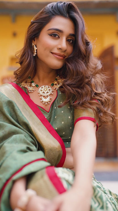 Multicolour dola silk batik print with zari weaving work lehenga, blouse and dupatta