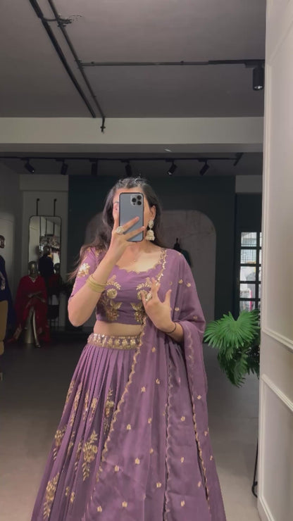 Purple chocolate crush thread embroidery work lehenga, blouse and dupatta