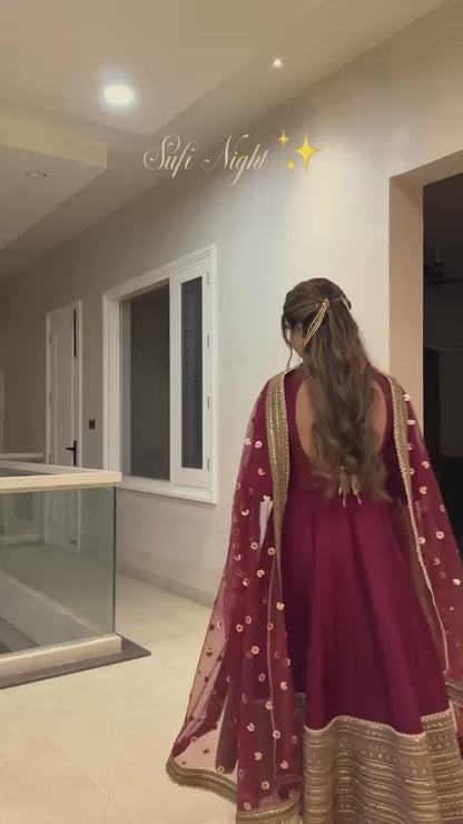 Red Roman Silk Anarkali Gown with Dupatta