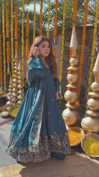 Blue crep silk thread & sequence work anarkali With palazzo set