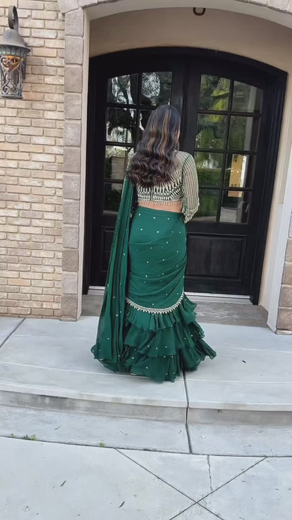 Dark green foux georgette thread with sequence with border raday to wear lehenga saree