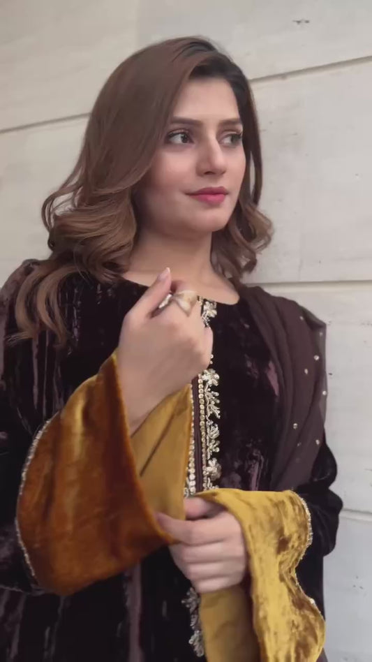 Designer Winter Velvet Plazzo Three Piece Set Women Embroidery Style