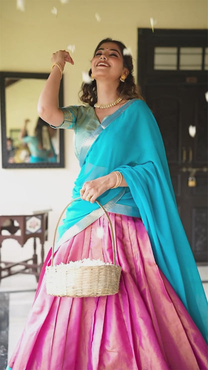 Blue Traditional Kanchipuram Lehenga choli.