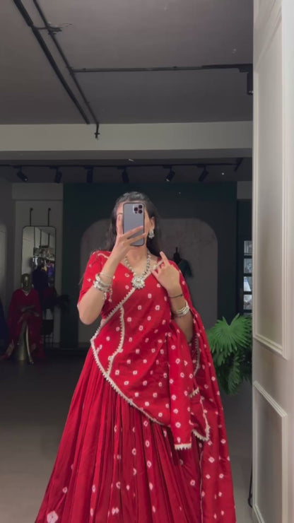 Deep Red Pure Chanderi Bandhej Print Lehenga Choli
