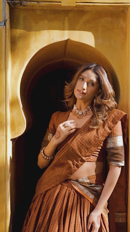 Light brown chettinad cotton check with zari weaving work lehenga choli set