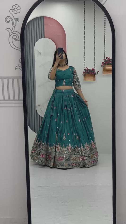 Festive Turquoise Silk Lehenga Choli with Dupatta