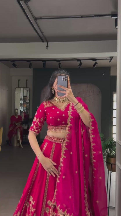 Pink natural silk thread embroidery work lehenga, blouse and dupatta