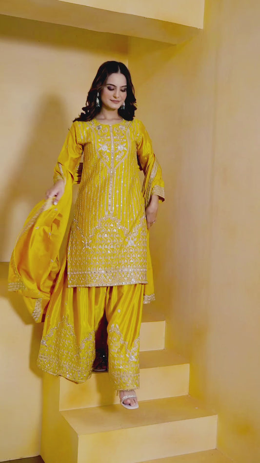 Designer Embroidered Natural Crep Sharara Suit