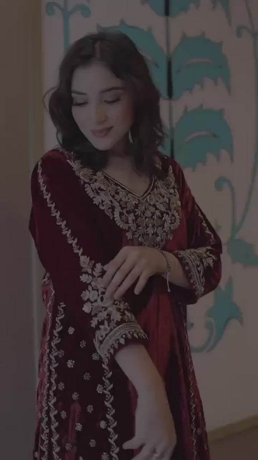 Women Velvet 3 Piece Palazzo Suit Winter 2025 Elegant Embroidery Design