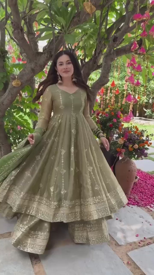 Mehendi Green Elegant Heavy Embroidered Sequence Work Anarkali & Palazzo Set