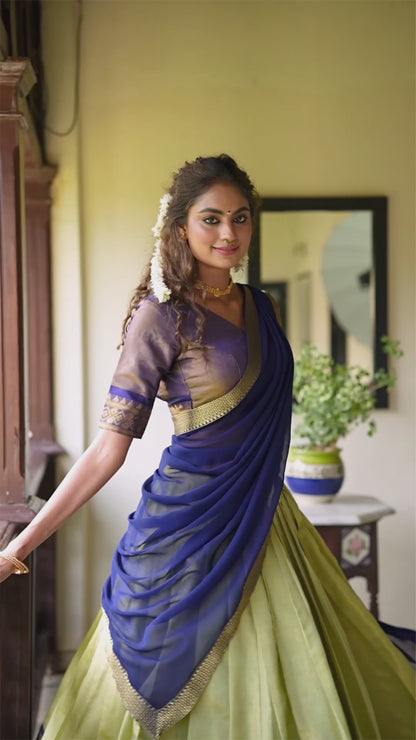 Lace Bordered Weave Work Kanchipuram Lehenga Choli Set