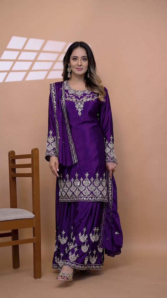 Designer Embroidered Chinon Sharara Suit With Coding Sequence Embroidered Work And Rivet Moti Work