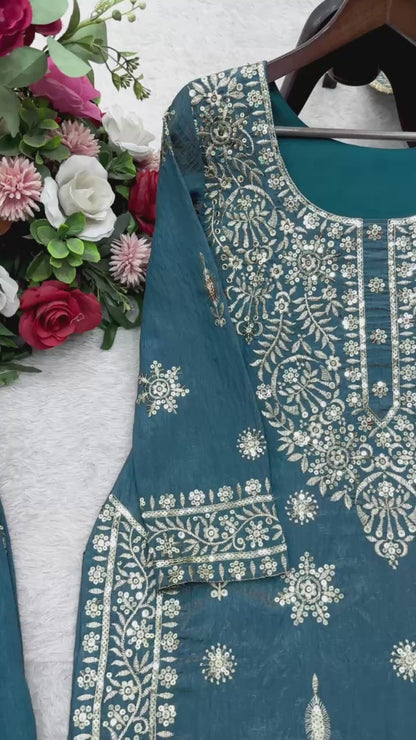 Sky blue pure gmy silk with embroidery 5mm Sequences work ready to wear dress