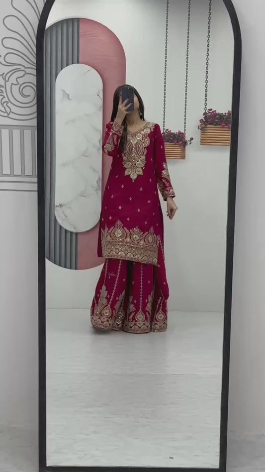 Designer Party Wear Palazzo & Dupatta Set in Deep Red