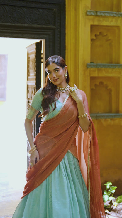 Powder Blue Zari Weaving Work Silk Lehenga Choli
