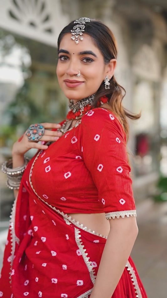 Red Pure Chanderi Bandhej Print Lehenga Choli