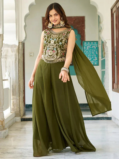 Green Thread Embroidered Mehendi Wear Palazzo Suit