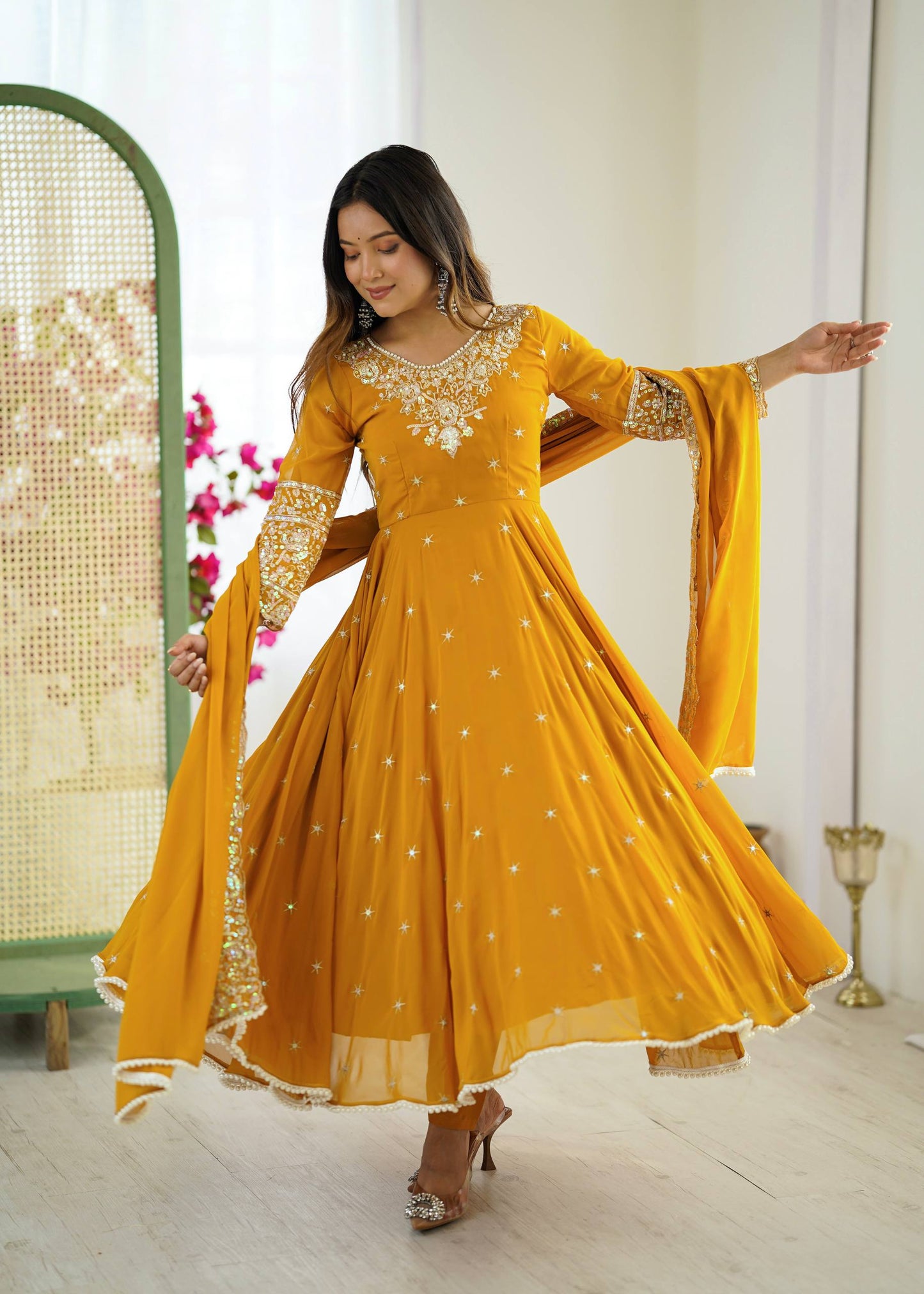 Haldi Special Yellow Heavy Blooming Faux Gown Bottom and Duppatta