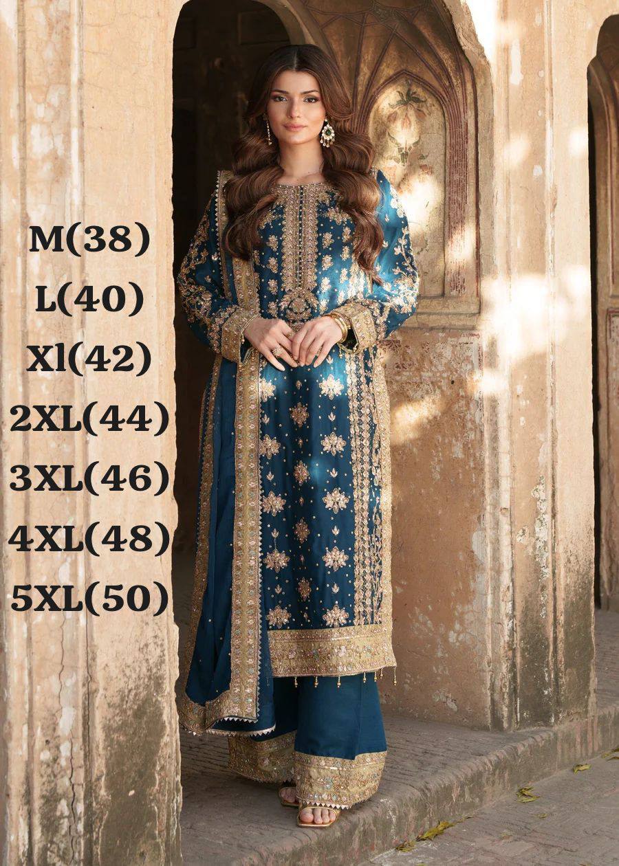 Blue Suit Set With Heavy Embroidery Sequence Work with Rivet Moti Work