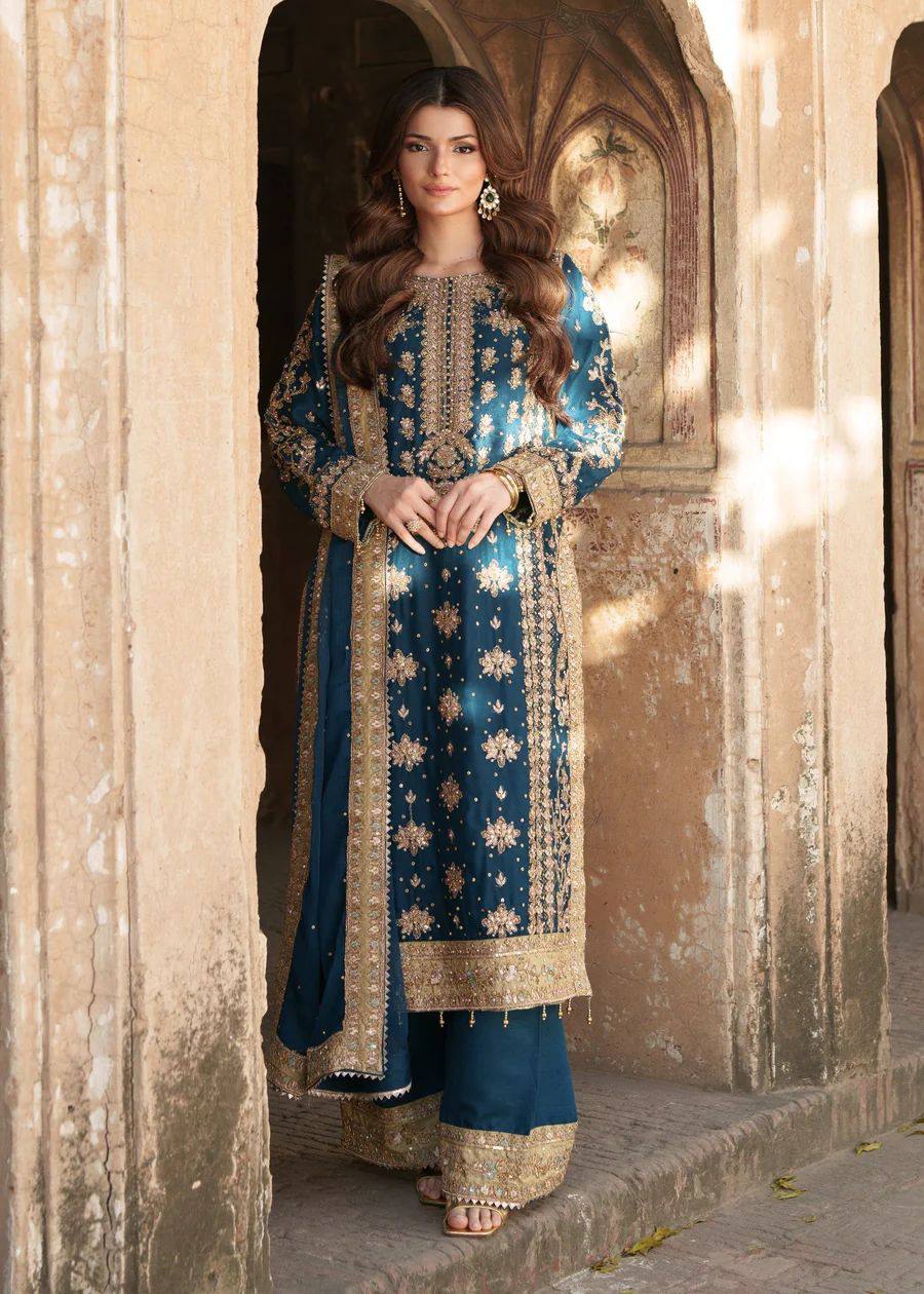 Blue Suit Set With Heavy Embroidery Sequence Work with Rivet Moti Work